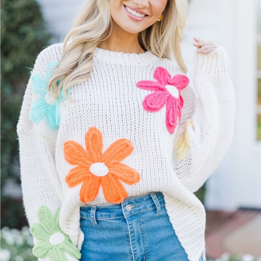 Shop the Mint The Dream Cream Floral Embroidered Sweater Medium - Picture 5 of 9